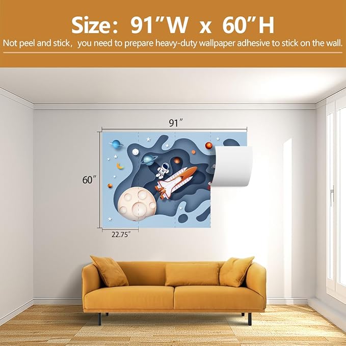 Space Wallpaper for Boys Room Cartoon Planet Astronauts Wall Murals for Kids Room Bedroom（Not Peel and Stick）
