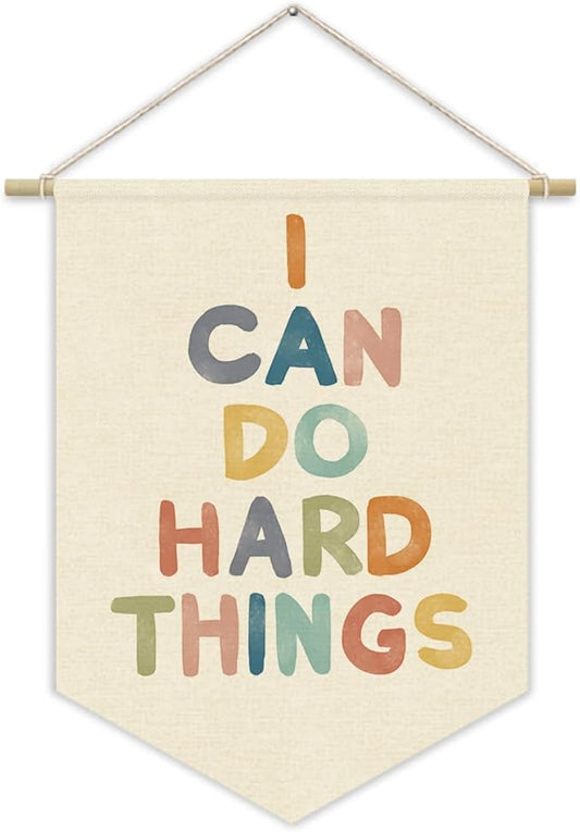 Positive Affirmations Wall Decor,Classroom Decor Canvas Banner,I Can Do Hard Things,Kids Affirmations Nursery Wall Art Canvas Hanging Pennant Flag Banner