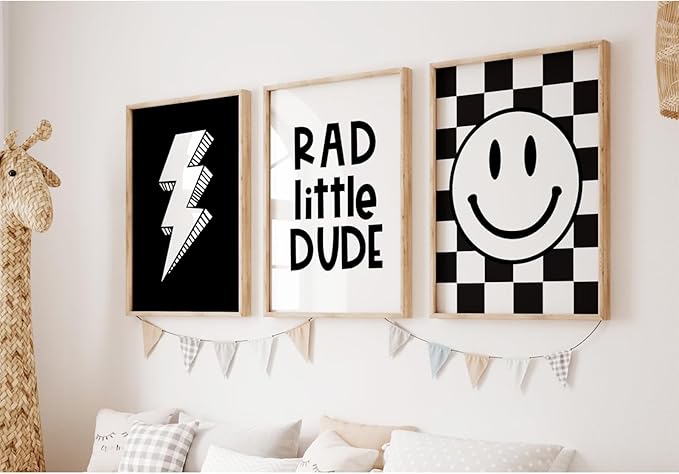 Boys Room Wall Art Decor Set of 3 Toddler Nursery Canvas Wall Art Baby Kids Wall Decor Black Checkered Smiley Poster Pictures Retro Playroom Rad Little Dud Art Prints for Bedroom 12x16 Inch Unframed
