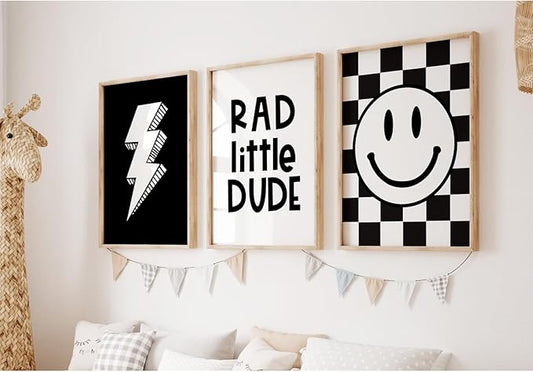 Boys Room Wall Art Decor Set of 3 Toddler Nursery Canvas Wall Art Baby Kids Wall Decor Black Checkered Smiley Poster Pictures Retro Playroom Rad Little Dud Art Prints for Bedroom 12x16 Inch Unframed
