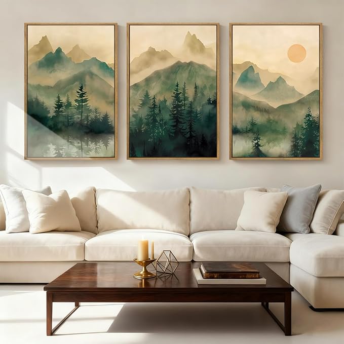 IARTTOP Large Forest Green Wall Art Framed 24x36 Inch Foggy Mountain Landscape Canvas Art Prints Nature Landscape Wall Decor for Living Room Bedroom Office Set of 3
