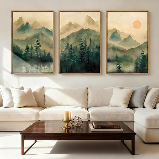 IARTTOP Large Forest Green Wall Art Framed 24x36 Inch Foggy Mountain Landscape Canvas Art Prints Nature Landscape Wall Decor for Living Room Bedroom Office Set of 3