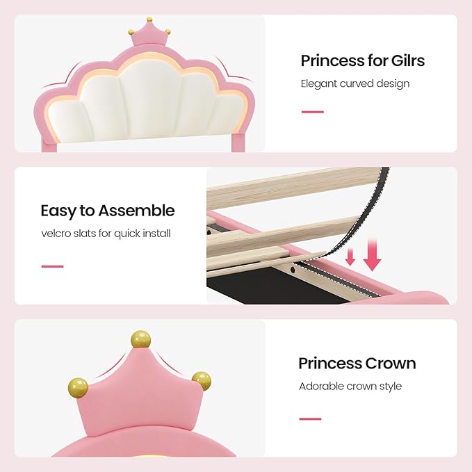BTHFST Twin Size Bed Frame with LED Lights, Girls Twin Bed with Princess Crown, LED Velvet Upholstered Platform Bed Frame with Adjustable Headboard, No Box Spring Needed, Pink