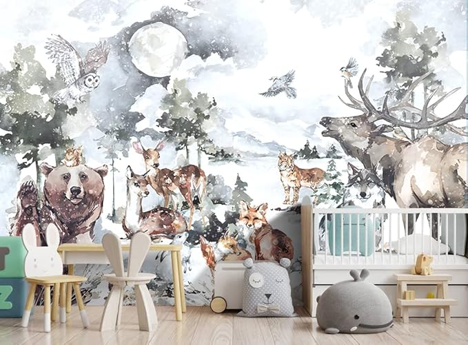 Boys or Girls Cartoon Watercolor Animals wallpeper Nursery Kids Bedroom Wall Mural - 160"x108"（Not Peel and Stick）