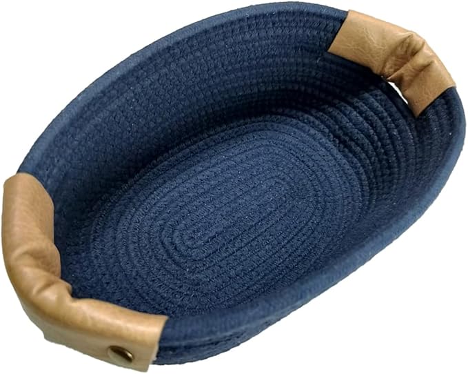 Medium Cotton Woven Basket with PU Leather Handle, Baby Clothes Toys Candy Gifts Cotton Rope Organizer, Living Room Basket Bathroom Shower Storage Laundry Basket, Dog Cat Bed, Cute Decor, Navy