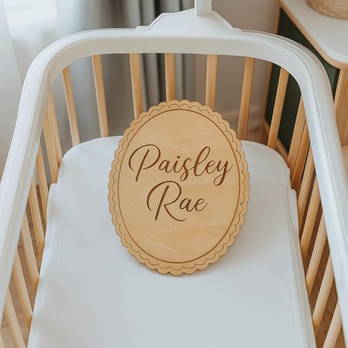 Personalized Engraved Scallop Edge Baby Name Sign, Birth Announcement Plaque, Baby Shower - Newborn Keepsake (Name Sign)