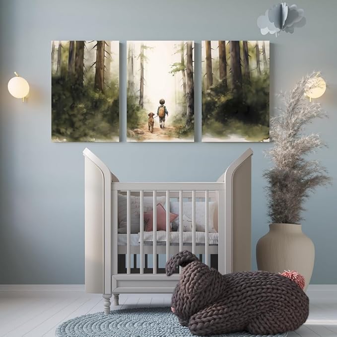 Boy and Dog Nursery Wall Art, Set of 3 Rustic Woodland Nursery Wall Decor, Little Boy and Puppy in the Forest Adventure Kid Wall Art Print, Outdoor Landscape Toddler Room Decor for Boys, Framed 12"x16"x3
