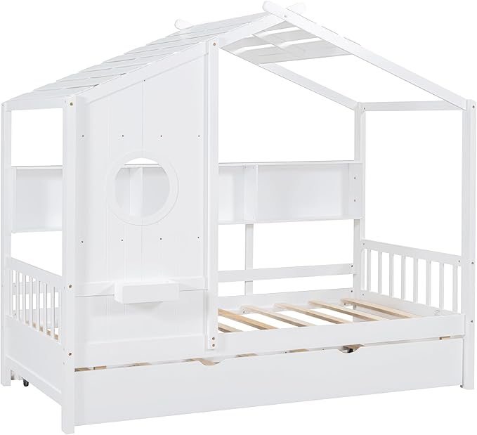 Twin Size House Bed with Roof and Window for Kids, Wooden Playhouse Bed with Storage Shelves and Trundle for Bedroom Furniture Girls & Boys (White/T1)