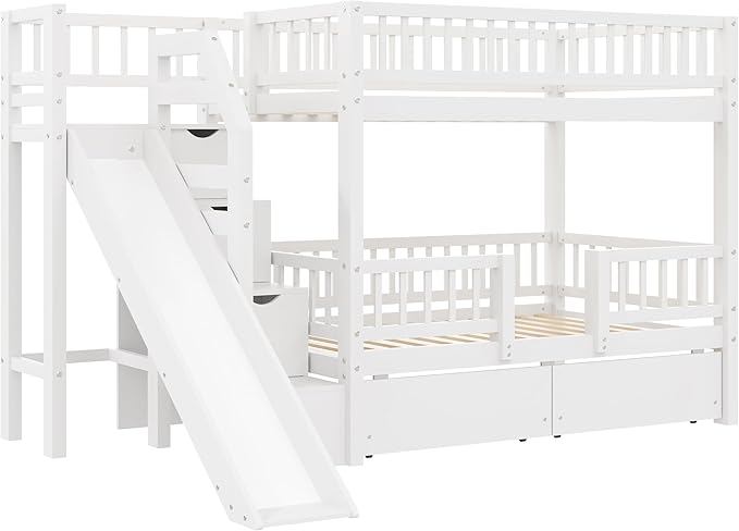 Twin Over Twin Bunk Bed with Storage Staircase, Solid Wood Bunk Bed Frame with Slide and 2 Drawers for Kids Teens Adult Bedroom, No Box Spring Needed (White/63r)