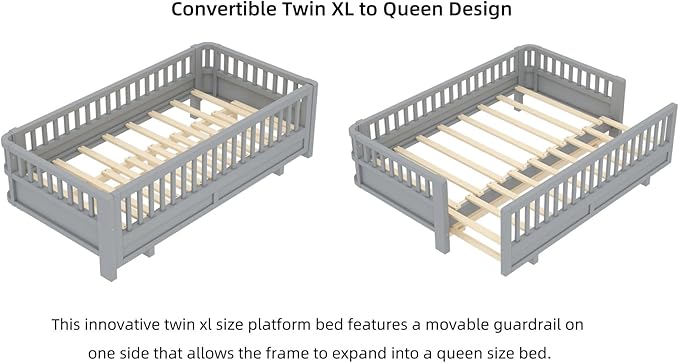 KEIKI Solid Wood Expandable Twin XL Size Floor Bed for Kids with Guardrails, Can Be Converted into a Queen Bed Platform, Montessori Low Profile Bedframe Daybed for Girls Boys, No Box Spring Needed