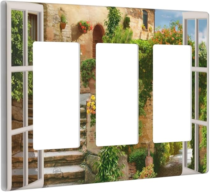 Mediterranean Greece Scene Flowers Light Switch Cover Triple Rocker Decorative 3 Gang Switches Plates and Outlet Covers Italian Town from Another Window Switchplate Wallplate for Kitchen Living Room
