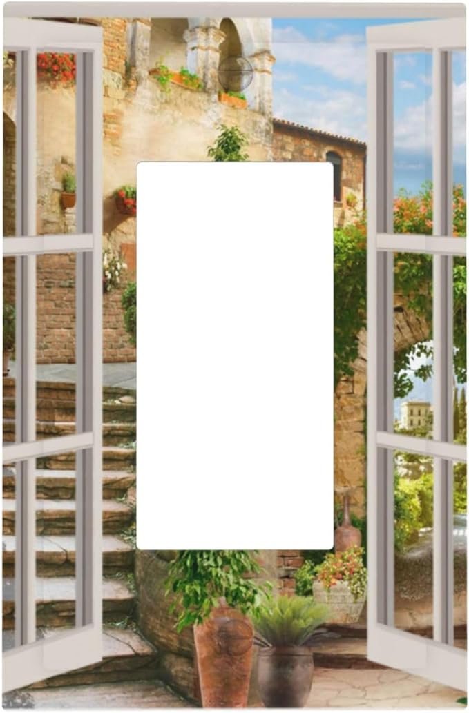 Mediterranean Greece Scene Flowers 1 Gang Light Switch Cover Single Rocker/Gfci Device Decorative Wall Plate Standard Size Receptacle Italian Town from Another Window Outlet Cover Plates Art Decor