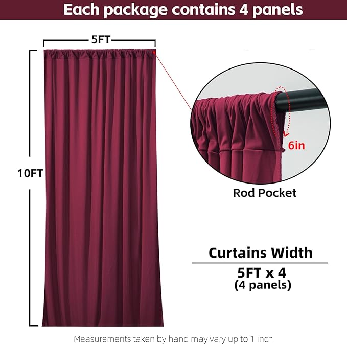 20x10FT Burgundy Backdrop Curtains for Wedding Parties, Wrinkle Free Photo Backdrop Curtains for Wedding Birthday Party Baby Shower, Fabric Drape with Rod Pockets 5ft x 10ft, 4 Panels