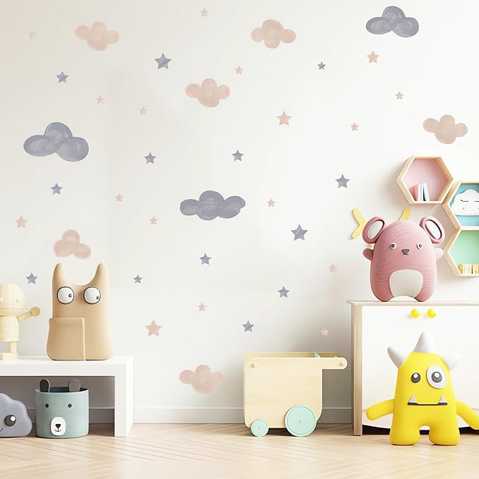 2 Sheets Gray Brown Clouds Stars Wall Stickers, sacinora DIY Art Wall Decals Removable Vinyl Peel and Stick Kids Baby Boy Nursery Bedroom Toddler Room Kindergarten Home Decorations