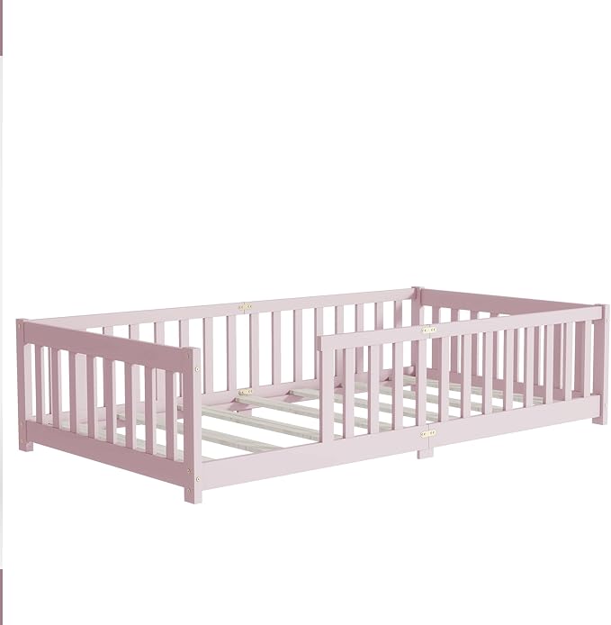 Twin Size Floor Bed for Kids, Wood Montessori Floor Beds with Fence Railings and Slats Support, Twin Playhouse Bed Frame for Boys Girls, No Box Spring Needed, Pink