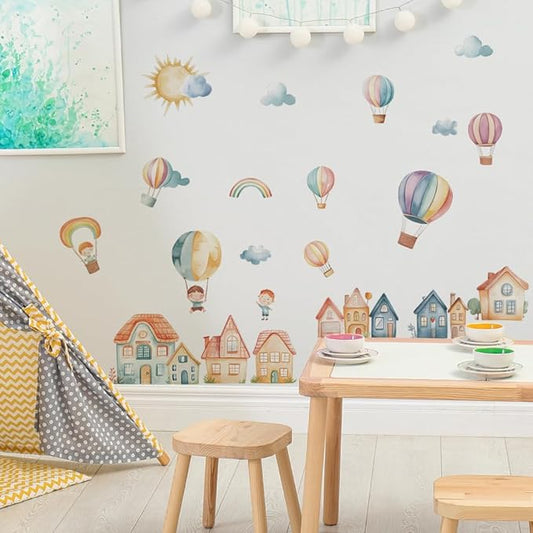 Cartoon City Wall Decals, Whimsical Hot Air Balloons, Houses, Animals, Rainbow, Sun, Clouds Design, Removable Vinyl Stickers for Kids Room, Nursery, Bedroom, Playroom Decor (Colorful-03)