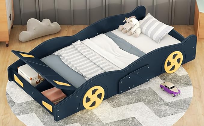 Ball & Cast Twin Size Race Car-Shaped Platform Bed with Wheels and Storage,Wood Low Floor Bed Frame w/Rails,Slat Support,No Box Spring Needed,Bedroom Furniture for Apartment,Dorm,Dark Blue
