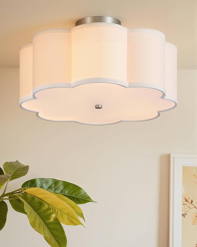 VONLUCE Semi-Flush Mount Ceiling Light, 15.7" Modern 3-Light Ceiling Light Fixture with White Petal-Shaped Shade 3 E26 Sockets for Bedroom Entryway Living Room, Nickel Finish, ETL Certificated