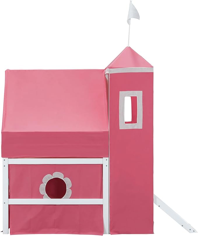 Twin Size Low Loft Bed House Bed with Slide & Tent and Tower, Playhouse Design Solid Wood Tent Bed Frame for Kids Boys Girls, Versatile Spacious Under Bed Space with Curtains (Pink-FT)