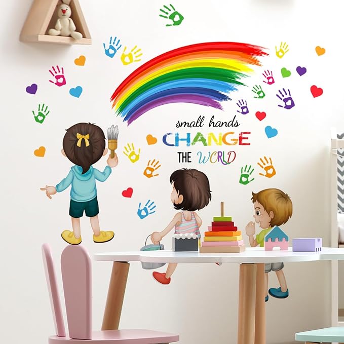 Inspirational Quote Small Hands Change The World Wall Decals Rainbow Handprints Wall Stickers for School Classroom Kids Room Nursery Playroom Library Wall Decor