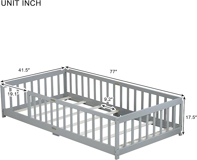 Twin Size Montessori Floor Bed for Kids,Twin Floor Bed Frame with Slats,Solid Wood Twin Bed Frame for Girls Boys,Grey