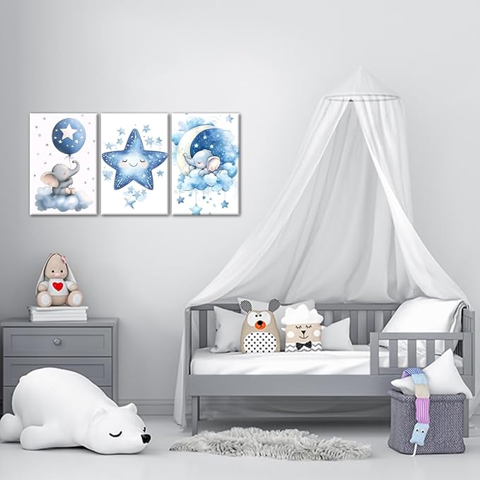 Nursery Canvas Wall Art Elephant Pictures Wall Decor Moon and Stars Painting Baby Boy Prints Cute Animal Poster Artwork for Kids Room Bathroom Decor Framed(Baby-1,16L x 24W x 3Pcs)