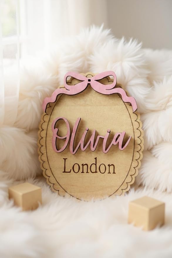 Personalized Baby Name Announcement Sign with Bow, Custom Wooden Name, Scalloped Edge Newborn Photo Prop & Nursery Keepsake (Name Sign)