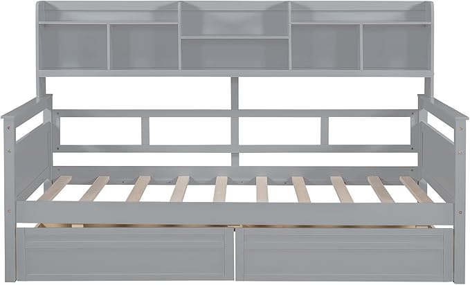Harper & Bright Designs Twin Daybed with Storage, Wood Twin Size Bed Frame with Bookcase Headboard and 2 Drawers, Twin Sofa Bed with Shelves for Living Room Bedroom, No Box Spring Need, Grey