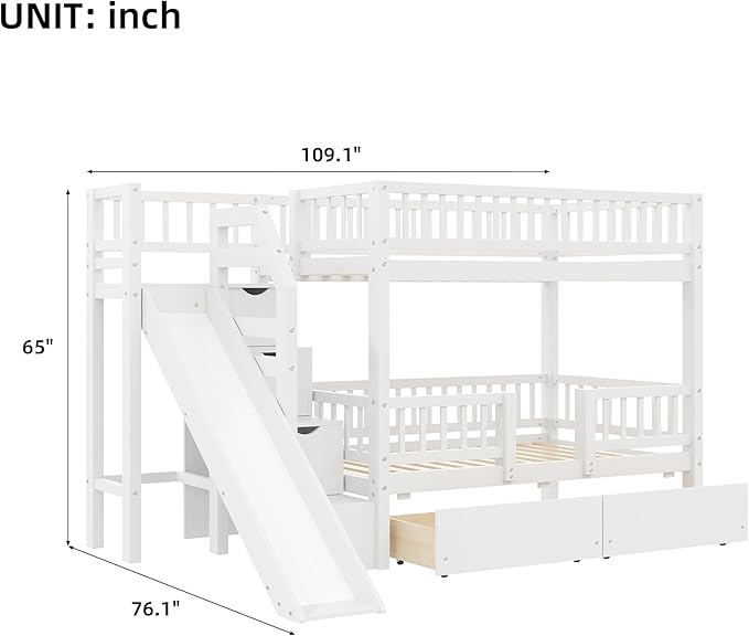 Twin Over Twin Bunk Bed with Storage Staircase, Solid Wood Bunk Bed Frame with Slide and 2 Drawers for Kids Teens Adult Bedroom, No Box Spring Needed (White/63r)