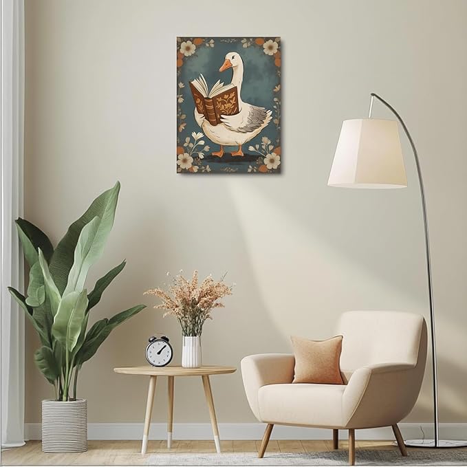 Vintage Framed Goose Wall Art Watercolor Print Book Lovers Gifts Bookish Gifts Wall Decor Canvas Wall Art Framed Prints Artwork Posters for Living Room Kitchen Bathroom Decorations 11.5X14.5 Inch