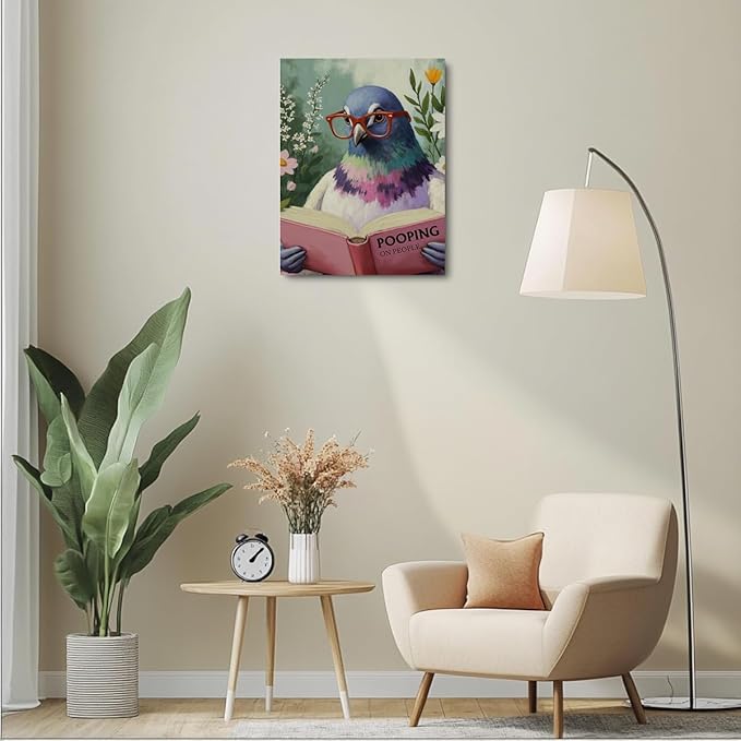 Funny Pigeon Humorous Bird Reading Book Lovers Gifts Poster Wall Decor Canvas Wall Art Framed Artwork Bookworm Posters Painting for Home Library Office Study Bathroom Decorations 11.5X14.5 Inch