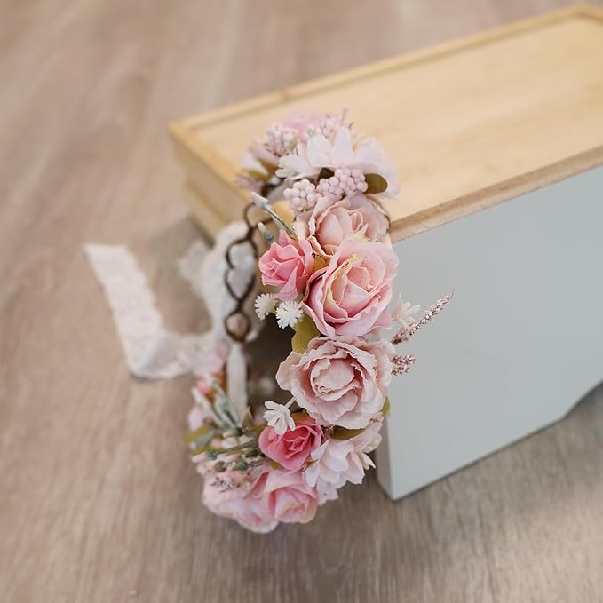 Birthday Party Flower Crown for Girls Children Floral Headpiece Pink Kids Headband Wedding Holo Hair Accessories Photo Prop (Candy Pink)