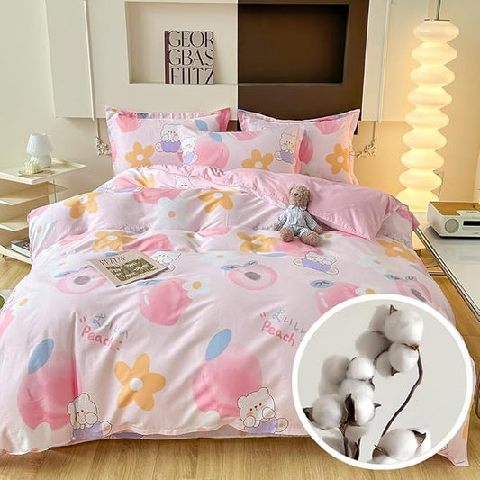 100% Cotton Kids Duvet Cover,Pink Peach Duvet Cover Set,Kawaii Bedding Set Twin,Cute Comforter Cover for Girls Boys(Peach,Twin)