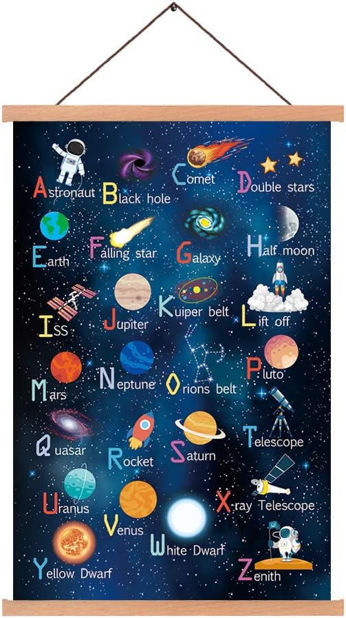 KAIRNE Outer Space Art Print With Wood Magnetic Poster Hanger Frame, Astronomy Alphabet Letters Canvas Wall Art,Abstract Universe Educational Poster,40X64CM Hanging Painting For Home Classroom Decor