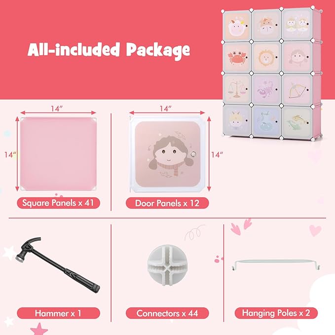 HONEY JOY Kids Wardrobe Closet, Baby Cartoon Clothes Storage Organizer, 12 Cubes & 2 Hanging Sections, Portable Children DIY Modular Bedroom Armoire Dresser Cabinet for Boys Girls (Light Pink)