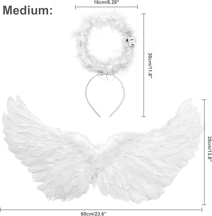 Angel Wings, Light Up Angel Wings and Halo with LED Lights, White Angel Wings Costume for Adult Women Kids Halloween Xmas