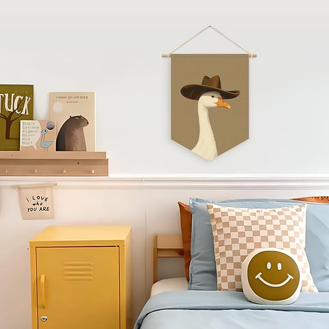 Goose Nursery Decor, Cowboy Goose Wall Art Canvas Banner, Woodland Nursery Decor,Oil Painting Animal for Toddler Room,Cowboy nursery Hanging Pennant Flag Banner, Gift For Baby Girl Boy 15x11in