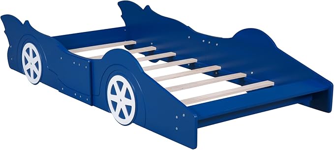 Twin Size Race Car-Shaped Platform Bed Bedframe with Wheels, 87.4" L x 40.3" W x 16.1" H Blue