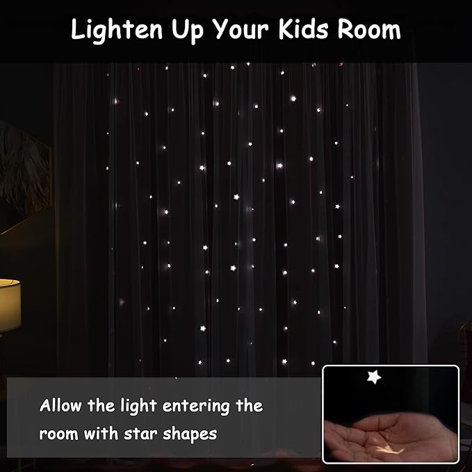 Kinryb Kids Blackout Curtains for Bedroom/Living Room/Classroom, Sheer Overlay 2 Free Tiebacks, Double Layer Curtains with Star Cutout for Kids Room(Each Piece W 70 x L 63 Inches 2 Pcs Red)