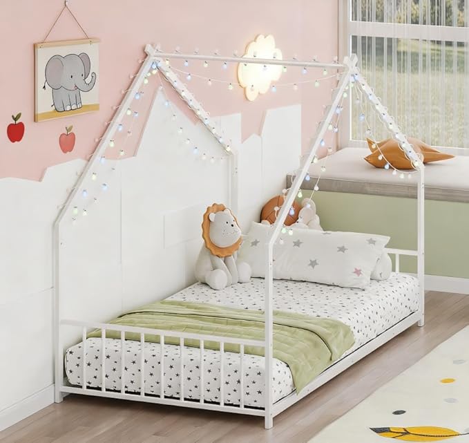 Bellemave Twin Size Montessori Floor Beds with Slats for Kids, Metal Twin House Bed for Kids, White with Slats and Lights