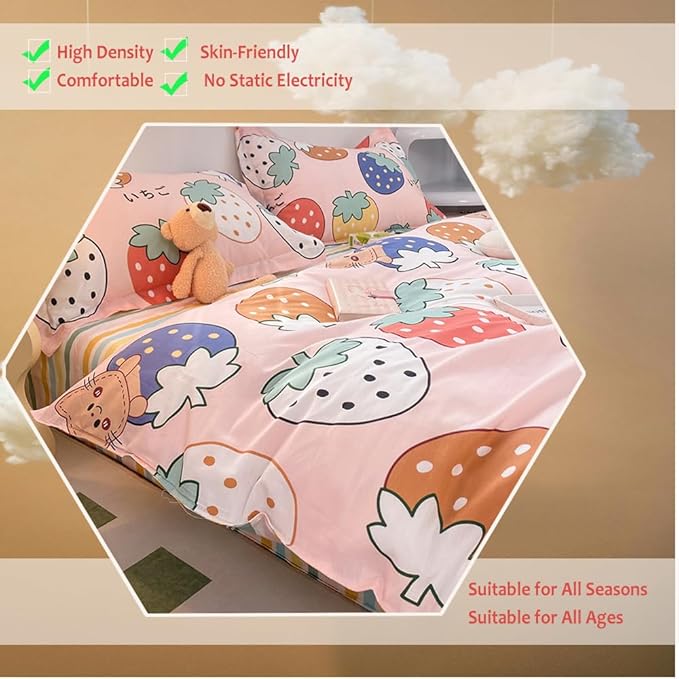 100% Cotton Kids Duvet Cover Set - Kawaii Cartoon Strawberry Bedding for Toddler Girls & Boys, Twin Size 3-Piece Breathable Soft Comforter Cover with Zipper Closure (Strawberry,Twin)