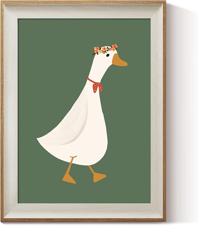 ARPEOTCY Framed Canvas Wall Art, 12x16 Inch Cute Goose with Flower Crown Print, Whimsical Farmhouse Animal Art for Bathroom, Kitchen, or Kids Room Decor