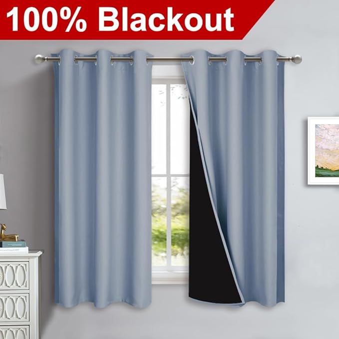 NICETOWN 100% Blackout Short Curtains with Black Liners, 2 Panels, 37" W by 63" L, Vintage Blue, Solid Thermal Insulated Full Blackout 2-Layer Lined Drapes, Energy Efficiency Window Drapes for Bedroom