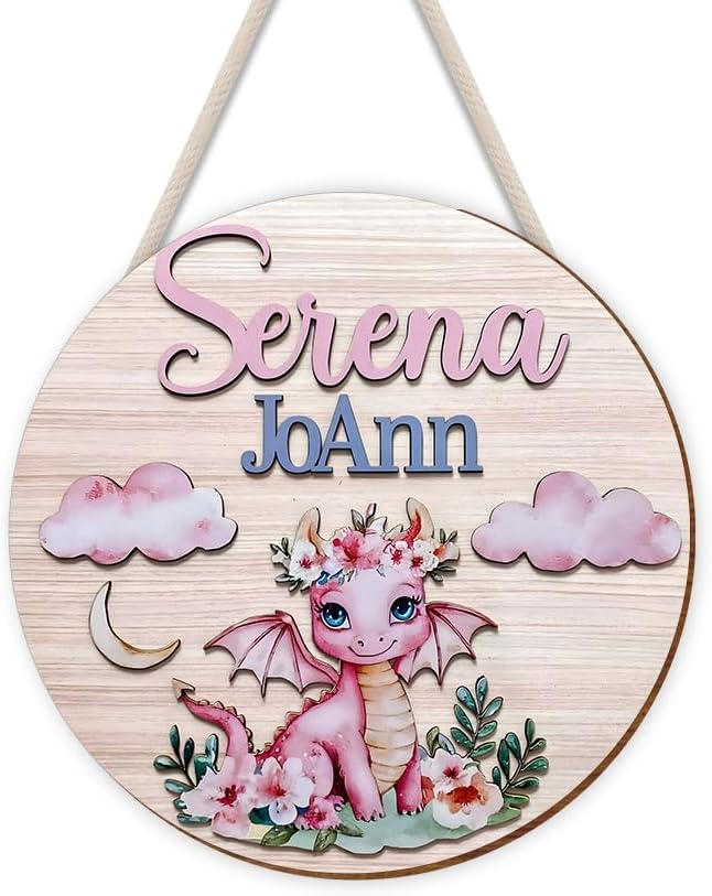 Personalized Wooden Name Sign | Dragon Door Sign for Room Decor, Nursery Wall Art, Girls Bedroom Decor, Playroom Wall Hanging