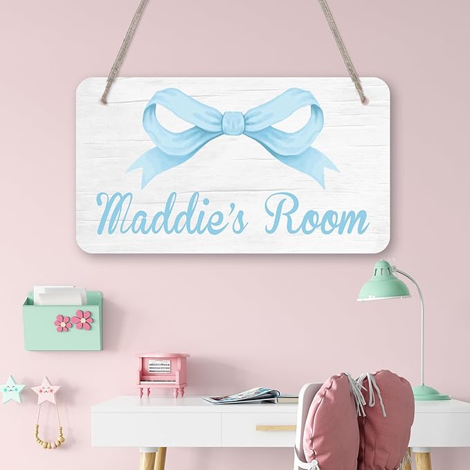 Personalized Blue Bow Kids Room Door Sign Custom Name Girls Boys Bedroom Decor Toddler Baby Nursery Wood Art Wall Plaque 12x6 Inches