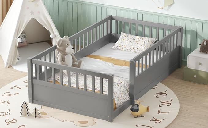 Harper & Bright Designs Twin Floor Bed for Kids, Wood Floor Beds with High Guardrails, Montessori Bed Twin with Opening Door for Boys, Girls, Kids, Solid Wood Structure, Gray