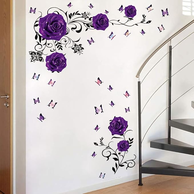 Supzone Purple Rose Wall Stickers Rose Flower Vine Wall Decal Purple Peony Floral Wall Decor DIY Vinyl Mural Art for Bedroom Living Room Sofa Backdrop