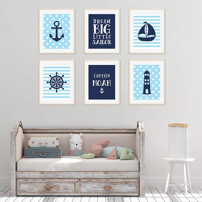 Andaz Press Personalized Ocean Nautical Sailor Theme Nursery Kids Bedroom Hanging Wall Art Decor, 8.5x11-inch, Baby Blue Stripes Dots, 6-Pack, Custom Unframed Room Poster