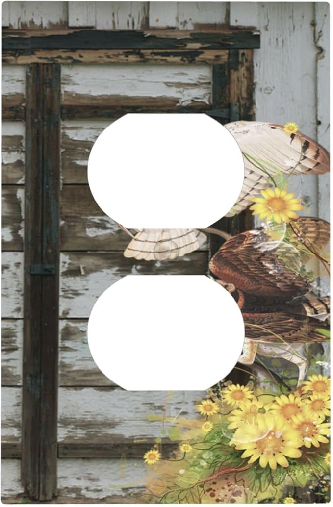 Vintage Brown Blue Old Wooden Door 1 Gang Duplex Outlet Covers Light Switch Cover Decorative Electrical Switchplate Antique Barn Door with Owls Sunflower Faceplate for Bathroom Bedroom Home Decor
