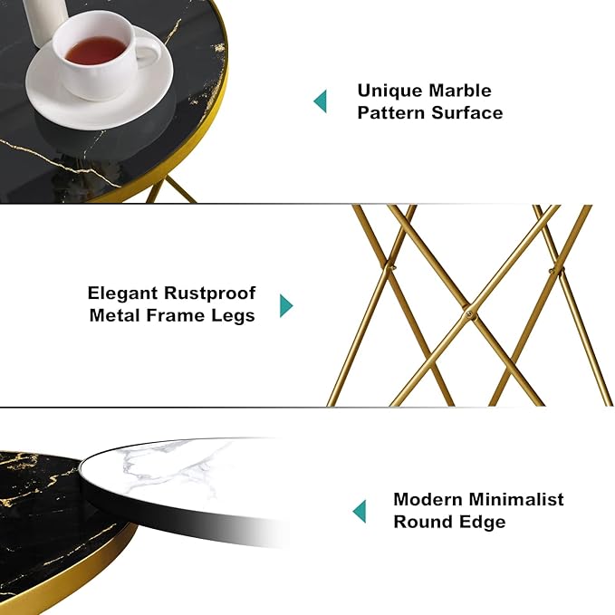 HLR Modern Round Side Table, End Table with Marble Effect Top and Gold Metal Frame, Small Side Table for Living Room, Bedroom, Sofa and Couch, Gold Legs, Black Marble top